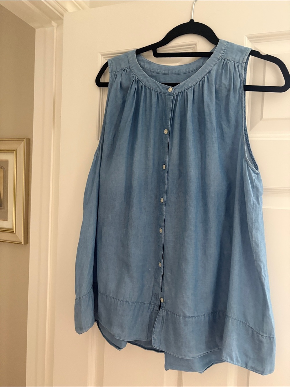 LOFT Light Blue Sleeveless Chambray Button-Front Blouse